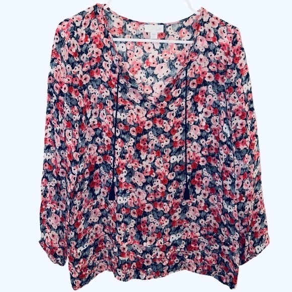 J. JILL Floral Stripe Ruffle Tassel Blouse Size S - Picture 1 of 3